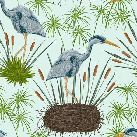 Seamless pattern with heron bird, nest and swamp plants. Marsh flora and fauna. Isolated elements Vintage hand drawn vector illustration in watercolor styleのイラスト素材
