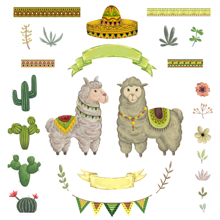Lama animal, cacti, sombrero, ribbons, flowers and leaves. Isolated elements in watercolor style. Cartoon characters. Concept design for greeting card, poster, invitation, party. Vector illustration.のイラスト素材