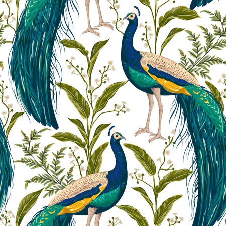 Seamless pattern with peacock, flowers and leaves. Vintage hand drawn vector illustration in watercolor styleのイラスト素材