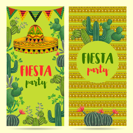 Invitation for fiesta party with sombrero, cacti and ethnic ornament. Hand drawn vector illustrationのイラスト素材