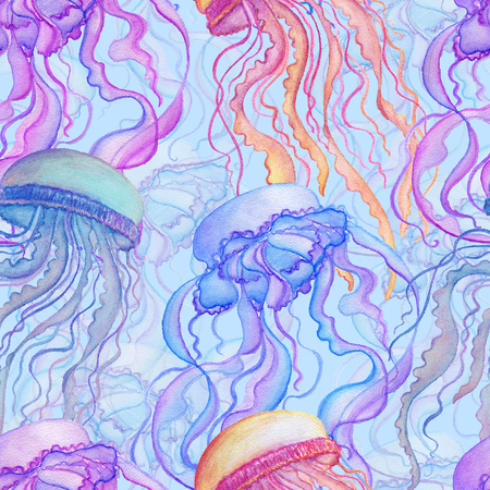 Seamless pattern with watercolor jellyfish on blue background. Hand drawn illustrationの写真素材