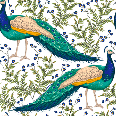 Seamless Pattern with peacock, flowers and leaves. Vintage hand drawn vector illustration in watercolor styleのイラスト素材