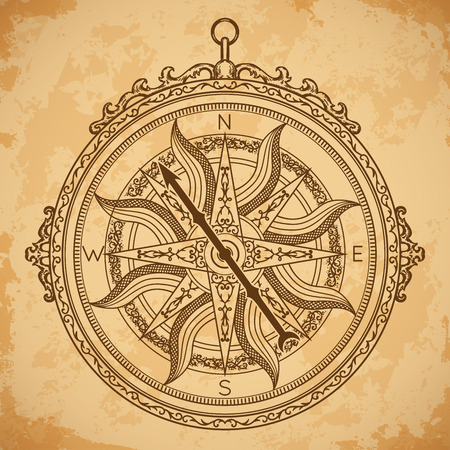 Vintage compass on aged paper background. Hand drawn vector illustration.のイラスト素材