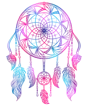 Colorful dream catcher with ornament and feathers. Design concept for banner, card, t-shirt, print, poster. Vintage hand drawn vector illustrationのイラスト素材