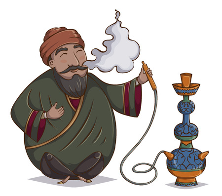 Arab man smoke hookah. Cartoon character. Vector illustrationのイラスト素材