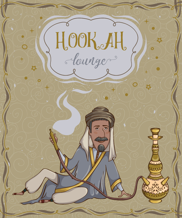 Hookah lounge. Vintage card with smoking arab man. Hand drawn vector illustrationのイラスト素材