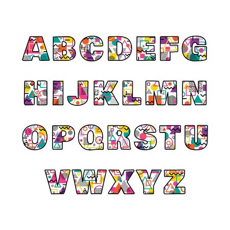Uppercase alphabet in memphis style. Colorful decorative geometric font. Vector illustration.のイラスト素材