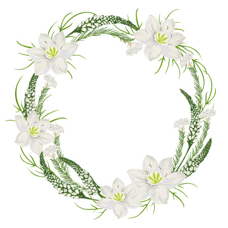 Wreath with eucharis lily, snapdragons and rice flowers . Winter floral design for wedding invitation, save the date card, banner, poster. Vintage hand drawn vector illustration in watercolor styleのイラスト素材