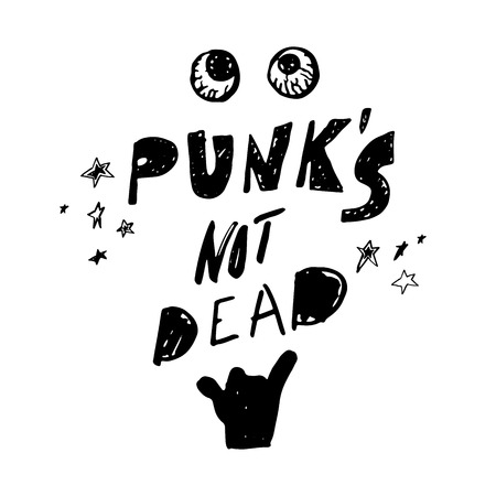 Punks not dead. Hand drawn lettering with rock gesture, stars, and bloody eyeballs. Vintage illustrationのイラスト素材
