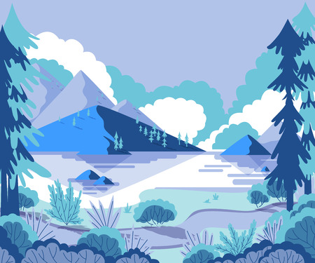 Winter landscape with mountains, pines and hills. Vector illustrationのイラスト素材
