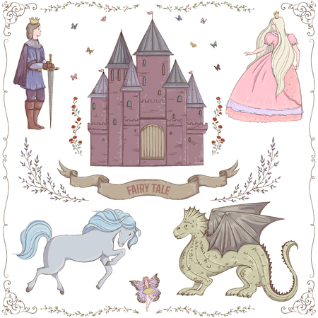Fairy tale theme. Prince, princess, castle, dragon, fairy, horse. Collection of decorative design elements. Isolated objects. Vintage vector illustrationのイラスト素材