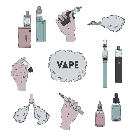 Electronic cigarette, liquid and cloud of steam. Vape collection. Isolated elements. Vector illustrationのイラスト素材