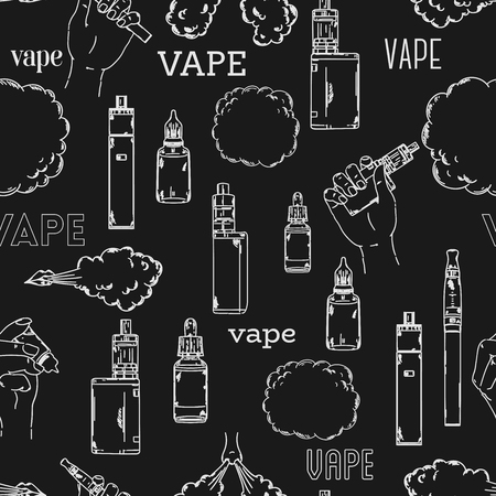 Seamless pattern with electronic cigarette, liquid and cloud of steam on chalkboard background.のイラスト素材
