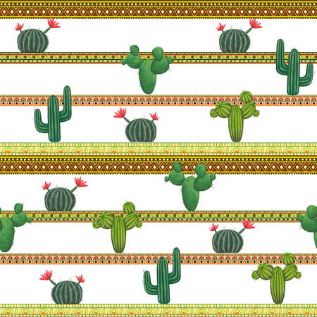 Mexican seamless pattern with cacti and ethnic tribal ornament. Vector illustration in watercolor style.のイラスト素材