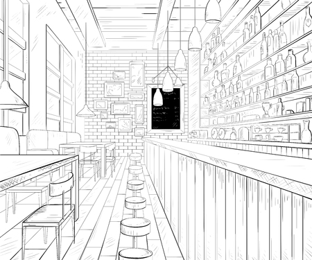 Cafe bar interior. Black and white vector illustration.のイラスト素材