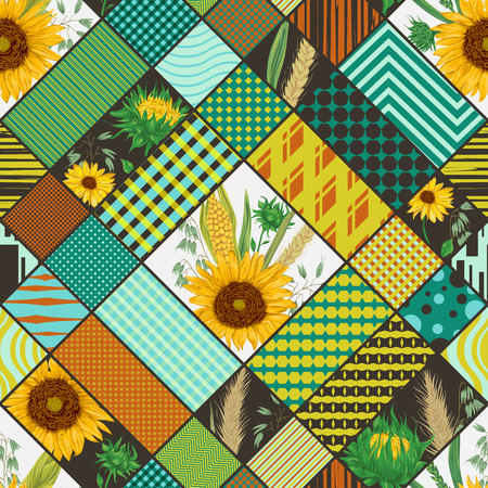 Seamless patchwork pattern with cereals, sunflowers and geometric ornament. Vintage vector illustration in watercolor style.のイラスト素材