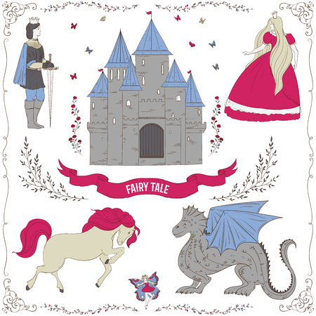 Fairy tale theme Collection of decorative design elements Isolated objects.のイラスト素材