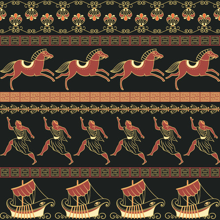 Seamless pattern with ancient Greek ships, people, horses and ornament. Traditional ethnic background. Vintage vector illustration.のイラスト素材