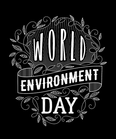 World environment day. Typography poster with leaf and hand drawn elements on chalkboard background. Concept design for banner, greeting card, t-shirt, print, poster.のイラスト素材