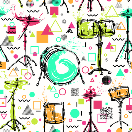 Seamless pattern with  drum kit with splashes in watercolor style and decorative geometric elements on white background. Colorful design for retro party in memphis style. Vector illustrationのイラスト素材