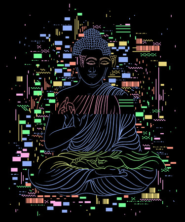 Glitch tattoo.Portrait of Buddha and pixel noise. Concept design for banner, card, t-shirt, print, poster.Vector illlustrationのイラスト素材