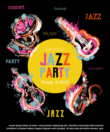 Jazz music party poster with musical instruments. Saxophone, guitar, cello, gramophone with grunge watercolor splashes. Design template for invitation, card, placard and flyer. Vector illustrationのイラスト素材