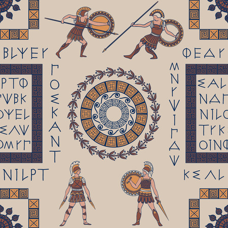 Seamless pattern with ancient greek letters, fighting people and ornament. Traditional ethnic background. Vintage vector illustrationのイラスト素材
