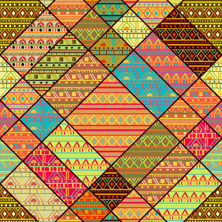 Seamless patchwork pattern with tribal geometric ornament. Ethnic design for fabric, print, wrapping paper, card, invitation, wallpaper. Vector illustrationのイラスト素材