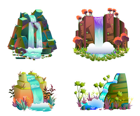 Waterfalls set. Cartoon landscapes with mountains and trees. Vector illustrationのイラスト素材