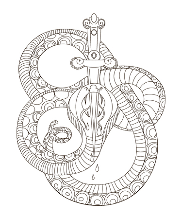 Snake with sword. Old school tattoo style. Isolated element on white background. Vector illustrationのイラスト素材