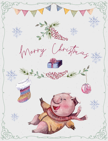 Greeting card with cute pig, fir tree, sock and snowflakes and garland. Funny cartoon character. Merry christmas and Happy New Year.  Chinese symbol of the 2019 year. Watercolor illustrationの写真素材