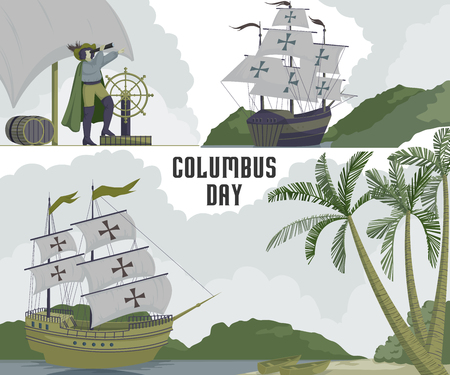 Happy Columbus day. Greeting poster with ship, landscape and seaman with telescope. Isolated objects on white background. Vector illustrationのイラスト素材