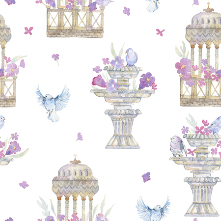 Seamless pattern with pink peonies, roses, birds and antique garden urns. Romantic flowers and vintage sculpture. Gentle background in victorian style. Watercolor illustrationの写真素材