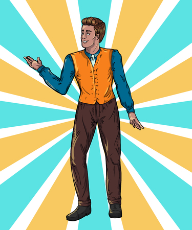 Showman on rays background Portrait full length. Smiling young male entertainer, presenter or actor. Vector illustrationのイラスト素材