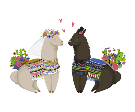 Sweet llamas couple in love. Cute cartoon characters. Happy Valentine's day. Design concept for wedding invitation, greeting card, print, poster. Isolated on white background. Vector illustrationのイラスト素材