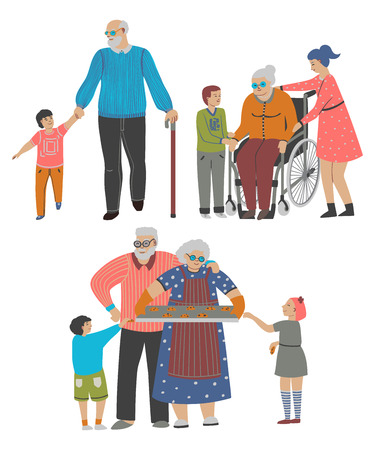 Grandparents with grandchildren set. Isolated on white background. Vector illustrationのイラスト素材