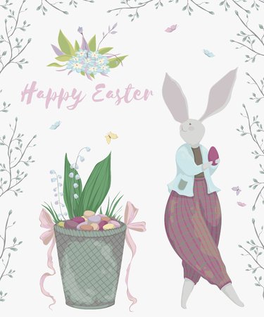 Vintage greeting card for the Easter holiday. Easter bunny, eggs, flowers, basket, spring tree, butterflies. Vector illustration in watercolor styleのイラスト素材