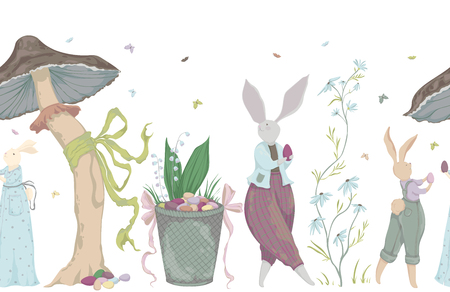 Easter holiday. Easter bunny, eggs, flowers, basket, mushroom, butterflies. Vector illustration in watercolor styleのイラスト素材