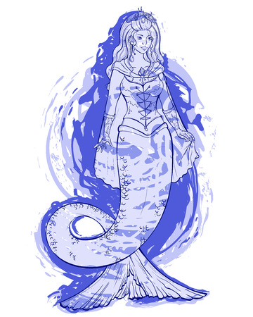 Mermaid on blue watercolor background. Queen of storm. Design for print, poster, banner. Vector illustrationのイラスト素材