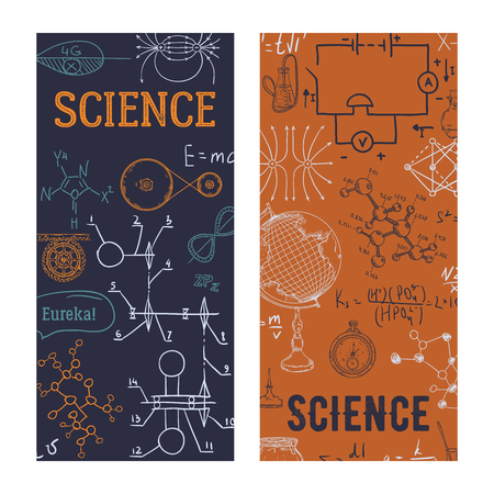 Science. Vintage scientific equipment, formulas and elements. Design template for card, print, poster, wallpaper. Vector illustrationのイラスト素材