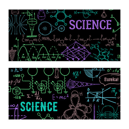 Science. Vintage scientific equipment, formulas and elements. Design template for card, print, poster, wallpaper. Vector illustrationのイラスト素材