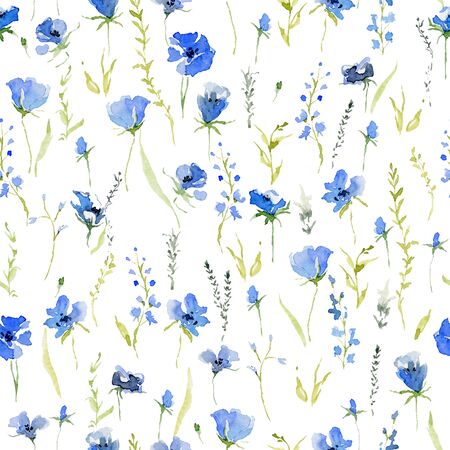 Seamless pattern with rustic gentle blue flowers. Botanical background design for textile, wallpaper, print. Isolated on white background. Watercolor illustrationの写真素材