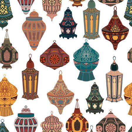 Seamless pattern with arabic lanterns collection. Traditional oriental lamps with national floral ornament. Vector illustrationのイラスト素材