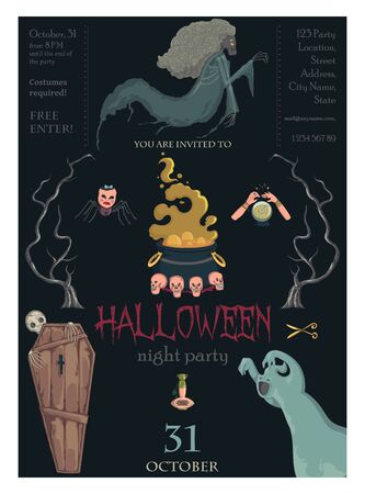 Halloween night party invitation. Creepy characters and decorations. Design template for greeting card, wallpaper, poster, flyer. Vector illustrationのイラスト素材