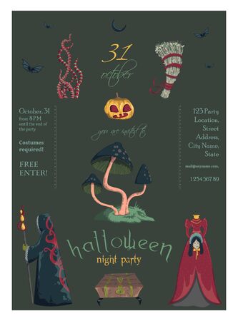 Halloween night party invitation. Creepy characters and decorations. Design template for greeting card, wallpaper, poster, flyer. Vector illustrationのイラスト素材