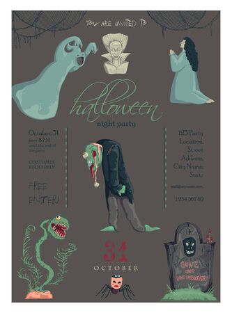 Halloween night party invitation. Creepy characters and decorations. Design template for greeting card, wallpaper, poster, flyer. Vector illustrationのイラスト素材