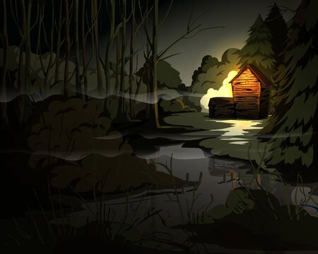 Creepy forest landscape with trees, swamp, old house and light in window. Mysterious scenery background. Vector illustrationのイラスト素材