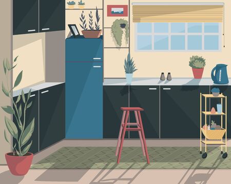 Modern kitchen interior with window, chair and plant in pots. Vector illustrationのイラスト素材