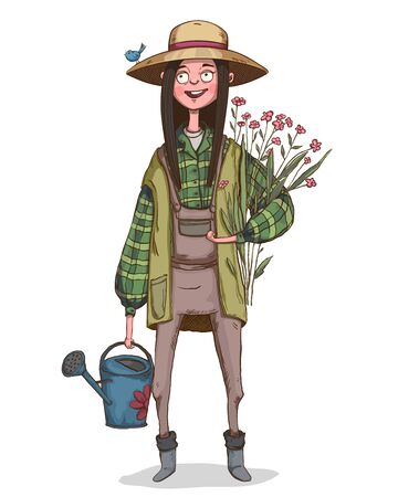 Farmer girl with flowers in her hands and watering can. Cute cartoon character dressed in work overalls and hat with little bird. Vector illustrationのイラスト素材