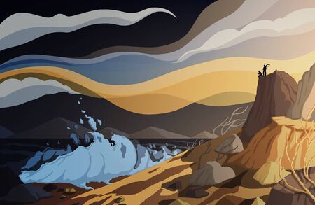 Couple standing at the edge of the cliff and looking at the sea during a storm. Ocean horizon in overcast weather. Vector illustrationのイラスト素材